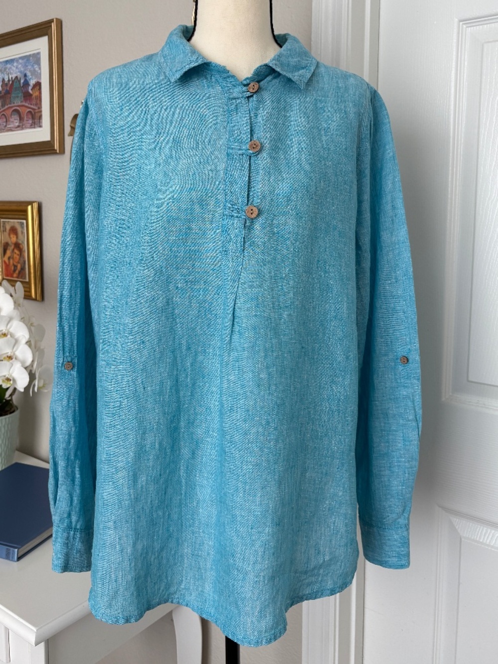 Sigrid Olsen Women's Blue Linen Tunic Blouse Size M Lagenlook Airy Summer Beachy